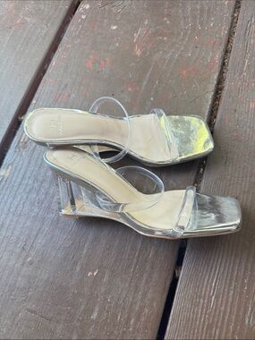 H by Halston Clear Lucite Strap Block Heel Sandals